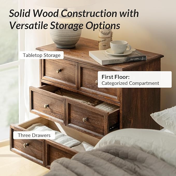 HULALA HOME 3-Drawer Nightstand with Charging Station, Drawer Organizer with Wood Legs, Farmhouse Solid Wood Nightstand(Walnut)