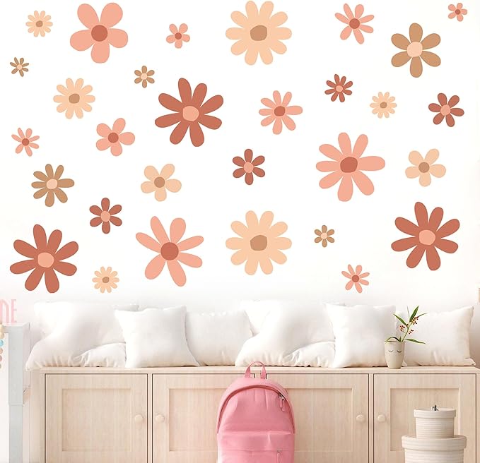 12 Sheets Daisy Wall Decals Boho Flower Wall Stickers Cute Kids Girls Room Decor Peel and Stick Floral Decals Toddler Nursery Playroom Living Room Bedroom Classroom Retro Hippie Decor Boho Style