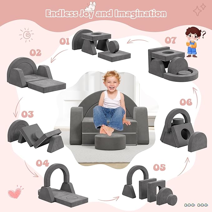 7 PCS Modular Kids Play Block Couch Child Sectional Sofa Toddler Building Fortplay Bedroom Playroom Baby Convertible Floor Foam Cushion for Boys & Girls (Dark Gray-Single)