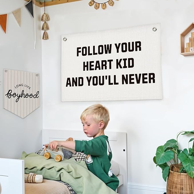 Lacama Follow Your Heart Kid And You'll Never Banner Kids Room Inspirational Mental Heath Pennant Banner Wall Hanging Decor for Girl Boy, 30x20 Inch