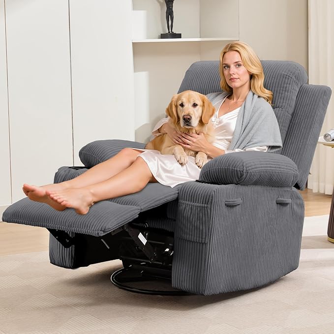 Recliner Chair Nursery, Oversized Manual Reclining Rocking Chair, 360 Swivel Glider with Cup Holder, Massage and Heat Recliner, Indoor Small Single Sofa Chairs for Adults, RV, Bedroom, Corduroy Gray