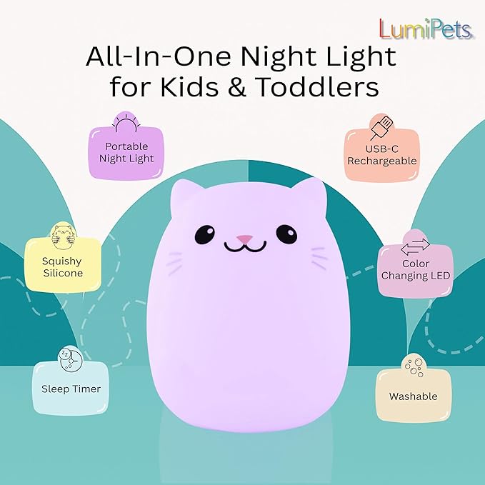 Lumipets Clive The Cat Squishy Silicone Night Light for Kids | Cute Night Light with Remote & Touch Control for Baby & Toddler Bedrooms | Color Changing Portable Animal Nightlight | Kids Mood Lamp