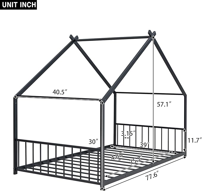 Twin Size House Shaped Montessori Platform Beds, Wood Floor Bed Frame with Roof and Fence Deisgn, Kids Double Toddler Bed for Children Boys Girls, Easy Assemble, No Box Spring Needed, Black