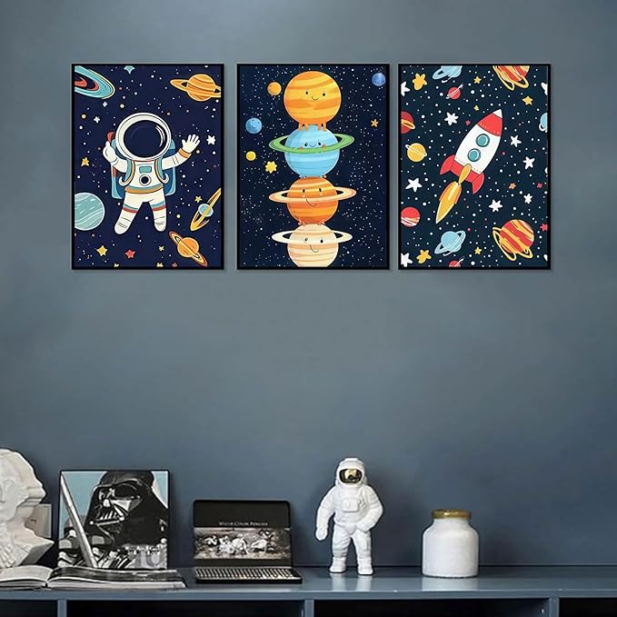 3Pcs Space Nursery Wall Art Whimsical Outer Space Astronauts Kid Decor Pictures Rocket Planet Posters Prints for Boys Room Girls Room Kids Room Decoration Unframed