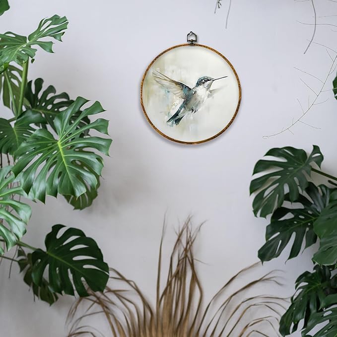 Hiuwevt Vintage Hummingbird Bird Round Wall Art Decor, Watercolor Farmhouse Bird Framed Canvas Prints, Retro Hummingbird Round Wall Hanging Decor for Bedroom Home Decorations, 10x10 Inches