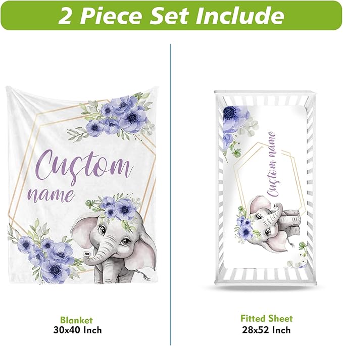 Personalized Crib Bedding Set for Boys Girls, Custom Baby Crib Sets with Name, Purple Flower Elephant Design Nursery Bedding 2 Piece - Soft Blanket with Double Layer Dotted Backing, Crib Fitted Sheet