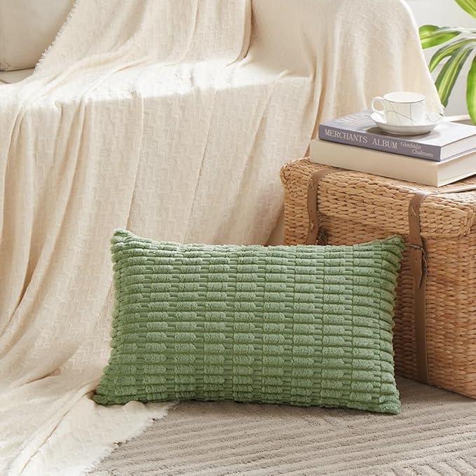 Fancy Homi 2 Packs Sage Green Lumbar Decorative Throw Pillow Covers 16x24 Inch for Living Room Couch Bed Sofa, Rustic Farmhouse Boho Home Decor, Soft Striped Corduroy Rectangle Cushion Case 40x60 cm