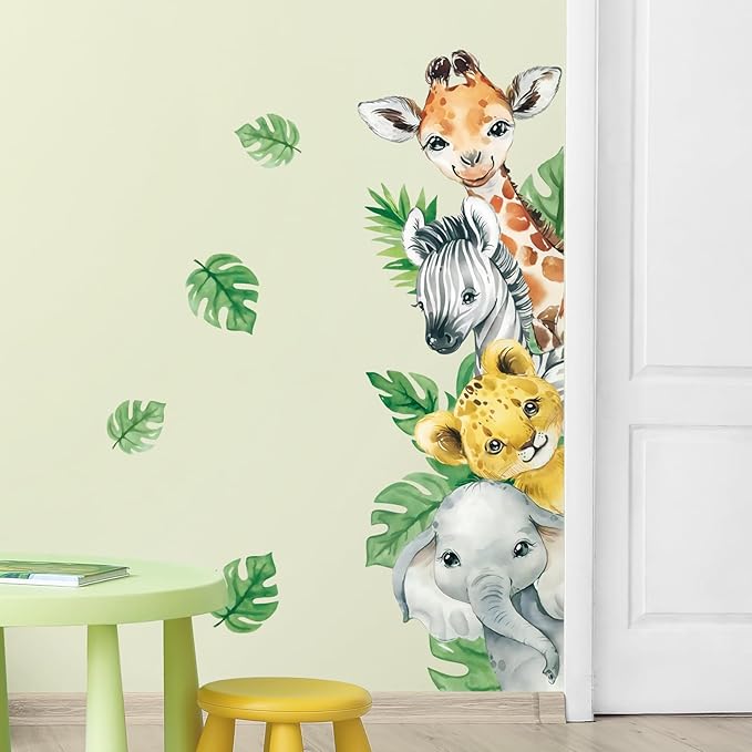 Tanlaby Jungle Animal Wall Stickers Cartoon Animal Wall Decals Giraffe Zebra Elephant Green Leaves Wall Art for Kids Baby Nursery Bedroom Playroom Decor，Right