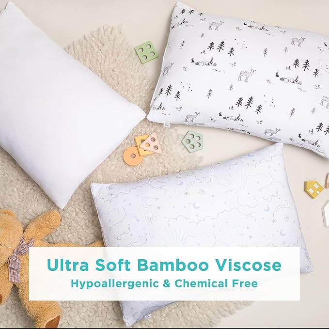 LittleHippo Toddler Pillow (13x18) with Viscose Derived from Bamboo Pillowcase - Hypoallergenic Toddler Pillow for Sleeping, Kids Pillow, Travel Pillows, Mini Pillow, Toddler Bed Pillow (Woodland)