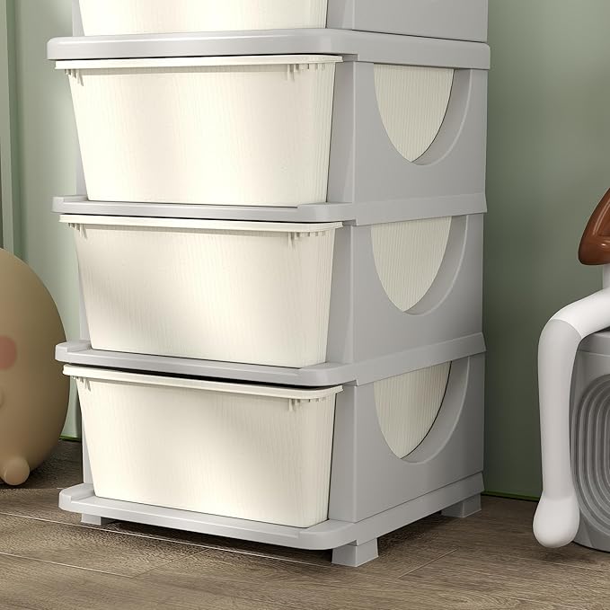 Qaba 4 Tier Kids Storage Unit, 4 Drawer Chest Toy Organizer Plastic Bins for Kids Bedroom Nursery Kindergarten Living Room for Boys Girls Toddlers, Cream White