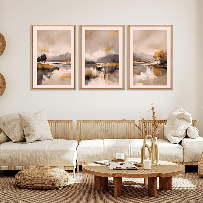 FWIEXA Abstract Neutral Canvas Wall Art Set , Beige Grey Fall Mountain Framed Wall Decor, 3 Panel 16x24 Inches Watercoler Lake Artwork, Brush Stroke Autumn Forest Landscape Prints for Living Room, Office, Bedroom