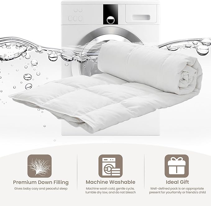 Toddler Goose Down Comforter Lightweight Summer Cooling Baby Duvet Insert, Hypoallergenic 100% Organic Cotton Crib Quilted Washable Nursery Blanket with Corner Tabs, White 41x48 Inches