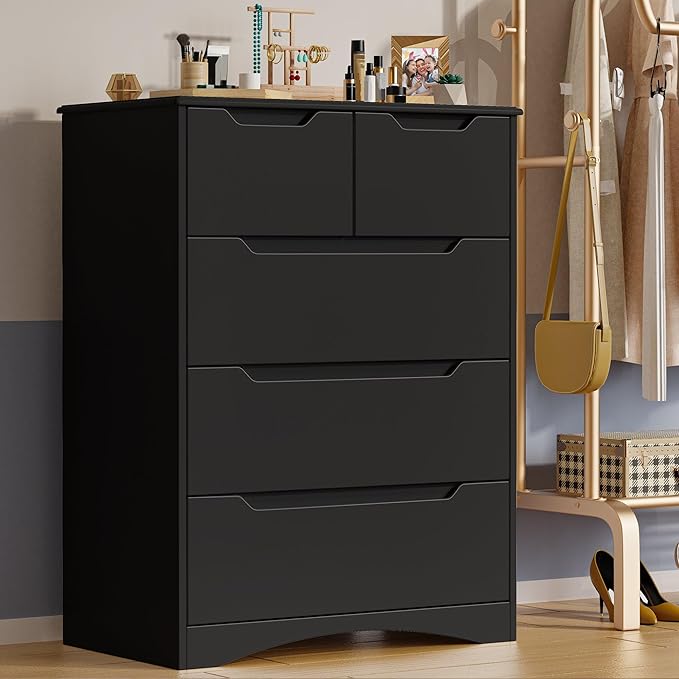Gizoon 5 Drawers Chest, Black Dresser for Bedroom with Large Storage Capacity, Chest of Drawers with Embedded Handle, Sturdy Anti-Tripping Device for Hallway, Office, Living Room