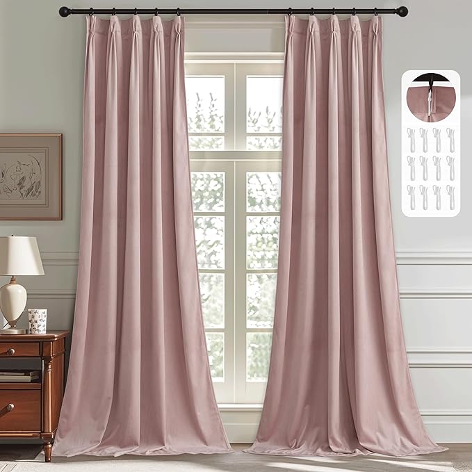 StangH Velvet Pinch Pleated Curtains 108 inches Long, Soft Thermal Insulated Room Darkening Window Drapes Dusty Pink Decorative Sliding Door Curtains for Girls Bedroom, W38 x L108, 2 Panels