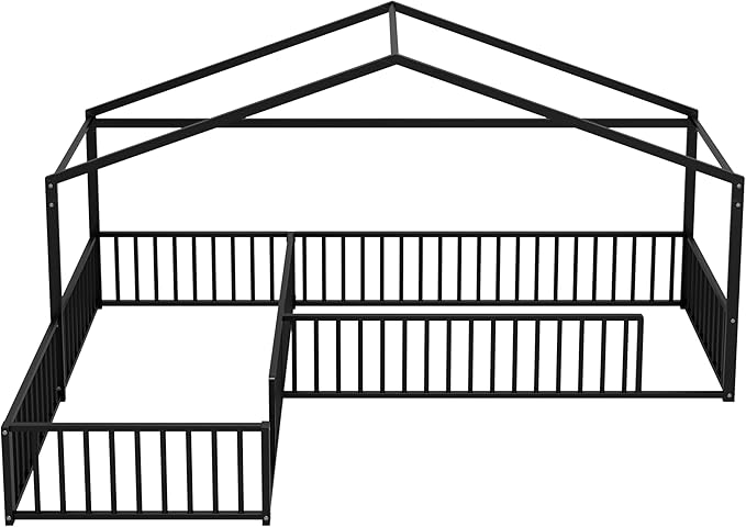 Double Twin Size L-Shaped Floor Bed,Metal Corner House Bed Frame with Fence,House-Style Floor Bed for 2 Kids,Without Slats,Black