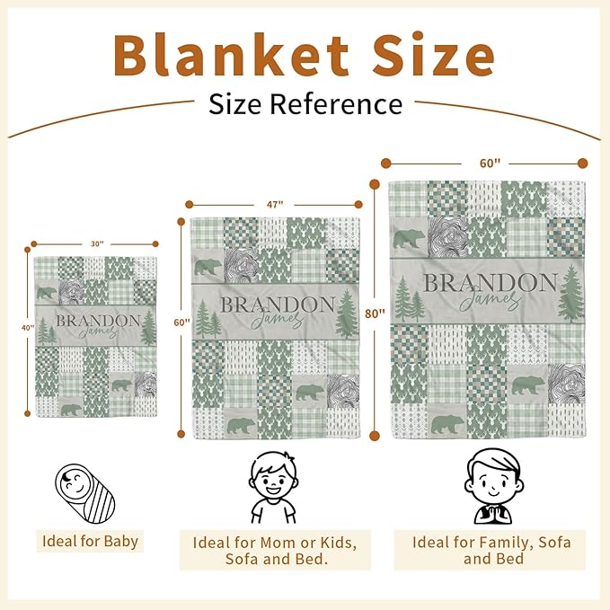 Personalized Rustic Woodland Baby Blanket - Custom Name Bear & Deer Design, Soft Blanket with Double Layer Dotted Backing for Infants Toddlers, Ideal Nursery Decor (60" x80)