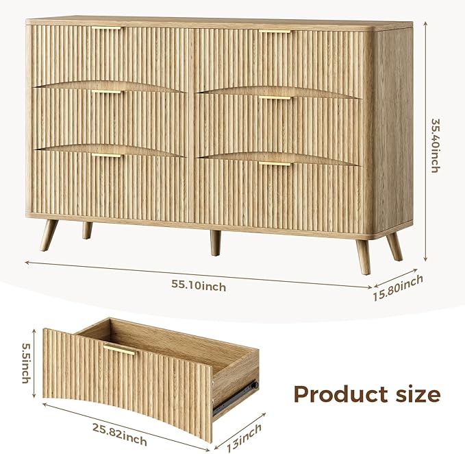 Evermagin 55" Wide Fluted 6 Drawer Dresser, Mid Century Modern Curved Dresser, Light Wood Chest of Drawers for Bedroom, Living Room and Entryway, Natural Oak