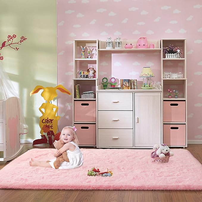 Merelax Pink Area Rugs for Living Room Bedroom Girls, 5x8 Soft Fluffy Fuzzy Shag Rug for Kids Room Bedside Rug, Indoor Floor Plush Cute Carpet for Baby, Nursery, Home Decor Aesthetic