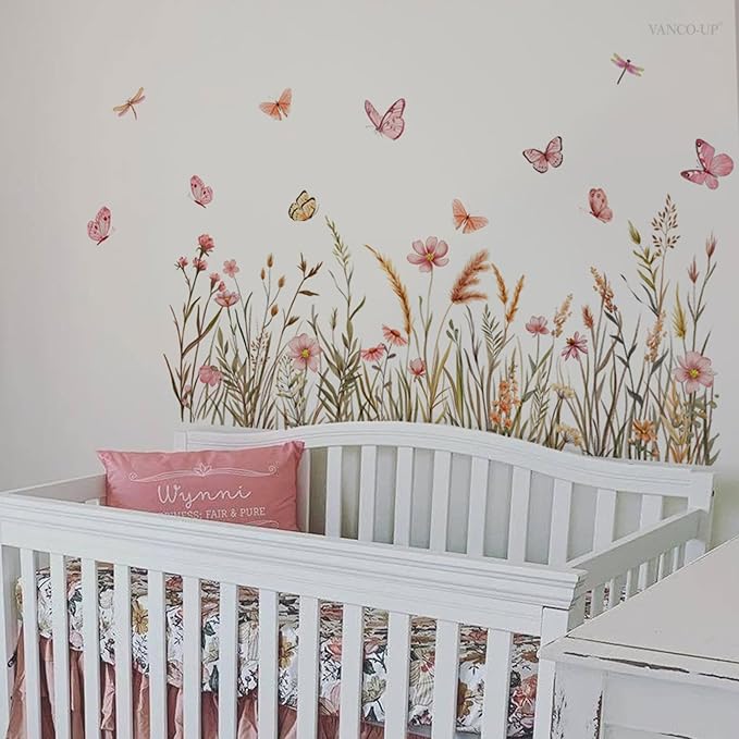 Boho Flower Wall Decals Foxtail Grass Plants Wildflower Floral Leaves Butterflies Dragonflies Wall Stickers for Bedroom Living Room Wall Art Décor