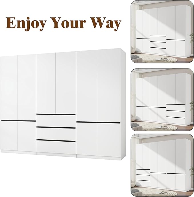 White Armoire Wardrobe Closet with 2 Doors, 75" Bedroom Wardrobe Closet for Hanging Clothes, Modern Wood Storage Closets Cabinet with System (C+B+C, 94.5")