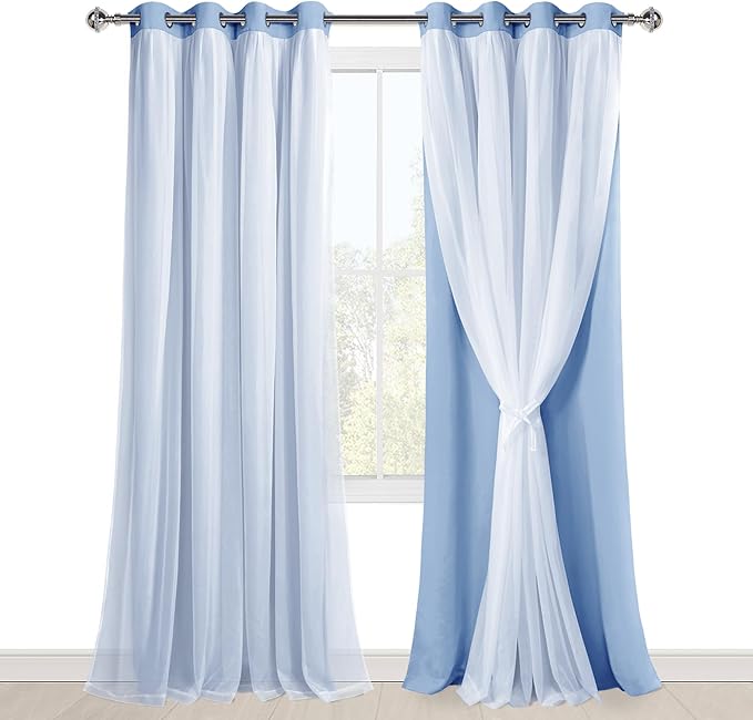 Hiasan Blackout Curtains with White Sheer, Mix & Match Double-Layer Thermal Insulated Sun Blocking Grommet Window Curtains for Bedroom, Living Room, 2 Drape Panels with Tiebacks, Baby Blue, 52W X 96L