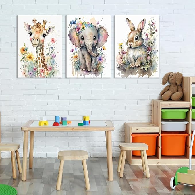 3Pcs Baby Watercolor Safari Animals Nursery Canvas Wall Art Cute Jungle Animals with Wildflower Picture Posters Wall Decor Giraffe Elephant Rabbit Painting Print Artwork for Kids Children Room 12x16in