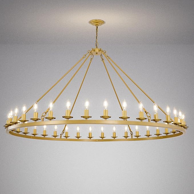 Wagon Wheel Chandelier, 36-Light Gold Large Round Modern Farmhouse Chandelier with Adjustable Height Island Light Fixture for High Ceiling Dining Room, Kitchen, Living Room, Entryways, Foyer