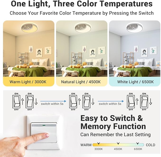 12 Inch Ceiling Light Fixtures, Creative Moon & Star Bedroom Ceiling Lights, 3 Color Temperature Selectable, Dimmable Ceiling Lights for Bedroom,Kids Room Kitchen Dining Room，Round White