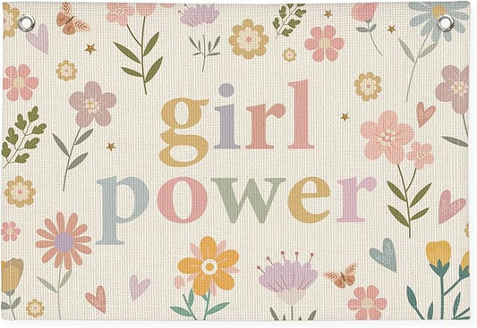 Girl Power Flower Wall Hanging Banner - Linen Flag Decor for Little Girl's Room, Baby Girl, Toddler Room Wall Decor