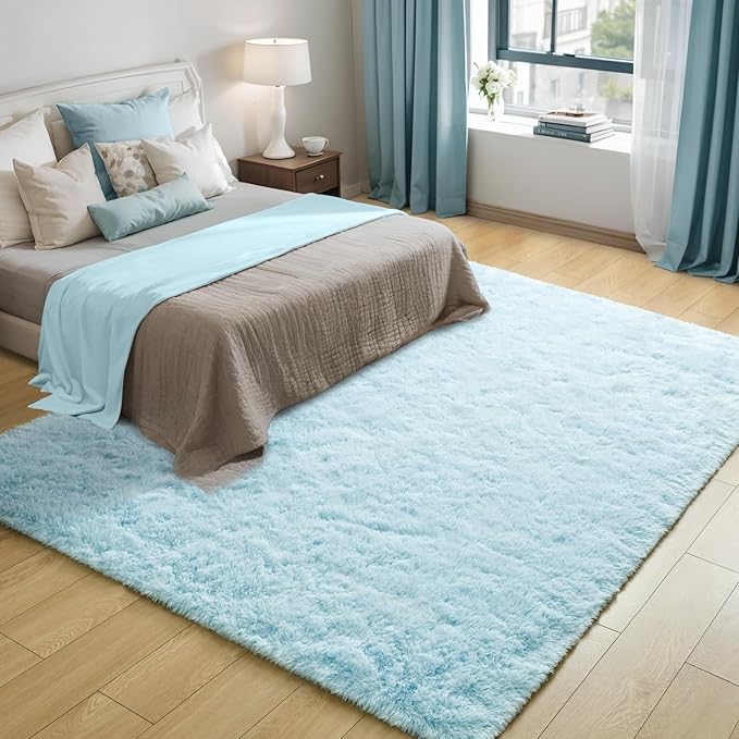 Merelax Soft Modern Indoor Large Shaggy Rug for Livingroom Bedroom Dorm Kids Room Home Decorative, Non-Slip Plush Fluffy Furry Fur Area Rugs Comfy Nursery Accent Floor Carpet 8x10 Feet, Baby Blue