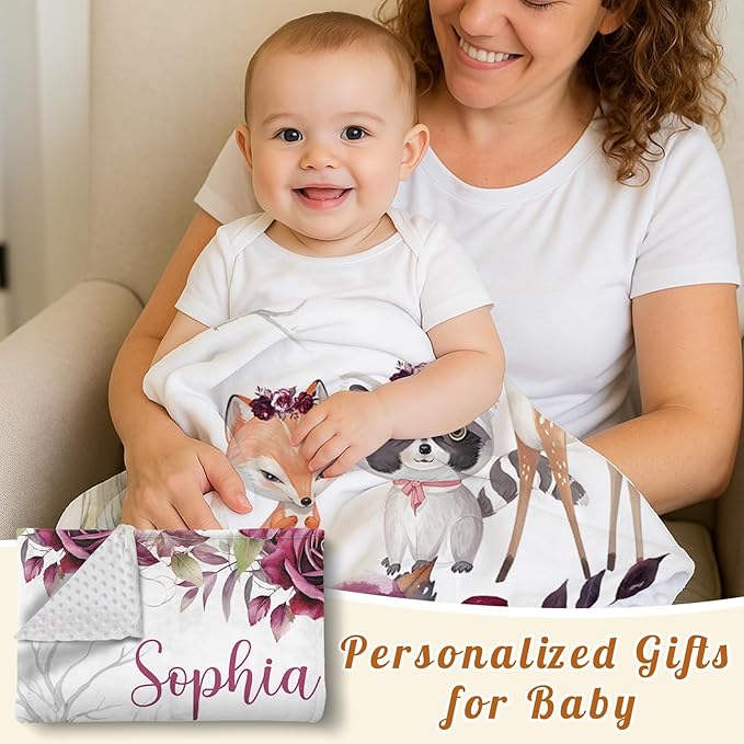 Custom Baby Blanket with Name, Double Layer Soft Dot Back Personalized Baby Blanket for Boys Girls, Woodland Blanket for Newborn Toddler, Customized Swaddle for Kids Birthday Gifts(60" x80)