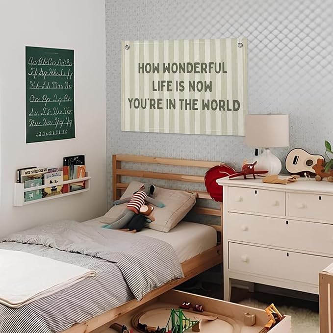 How Wonderful Life is Now Wall Art Decor, Sage Green Baby Room Nursery Linen Canvas Banner Wall Hanging Flag Decor for Toddler Girls Boys Room Playroom