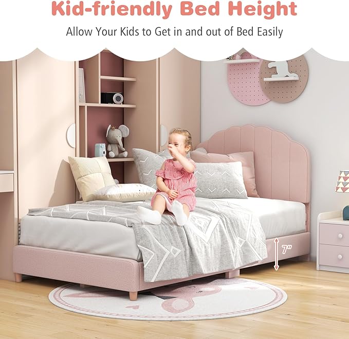 Costzon Twin Bed Frames with Adjustable Headboard, 660 LBS Weight Capacity Upholstered Wooden Kids Bed w/Slats Support, No Box Spring Needed, Easy Assembly, Twin Platform Bed Frame (Pink Shell)
