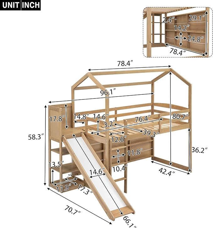 Flieks Twin Size Wood House Loft Bed Frame for Boys Girls Kids Adults Toddler with Slide, Storage Shelves and Light, Climbing Ramp, Wood Color