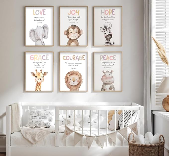 Safari Animal Bible Verse Nursery Wall Art Christian Picture Kids Room Wall Decor Uplifting Scripture Poster Hope Love Joy Jungle Animals Painting Canvas Print Artwork for Baby Room Playroom, Unframed