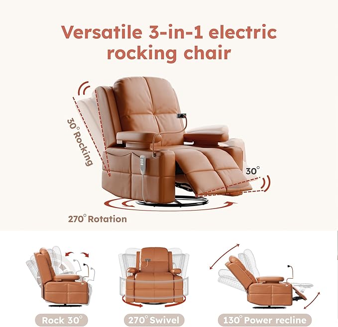 Triple Motor Power Swivel Rocker Recliner Chair with Adjustable Armrests for Adults Elderly, FSC Certified Faux Leather Rocking Chair Nursery for Breastfeeding(Brown)