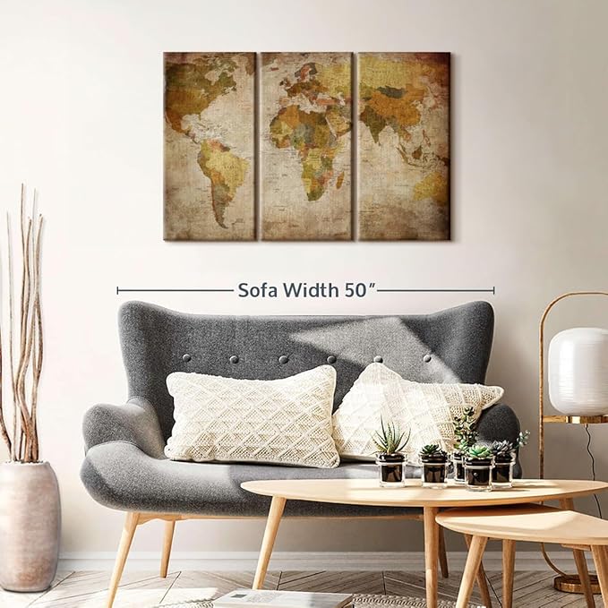 ElephantStock World Map Multi Piece Canvas - 3 Piece Canvas World Map Wall Decor - Wall Decor Ready-to-Hang Print - Vintage Wall Art - 38" X 24"