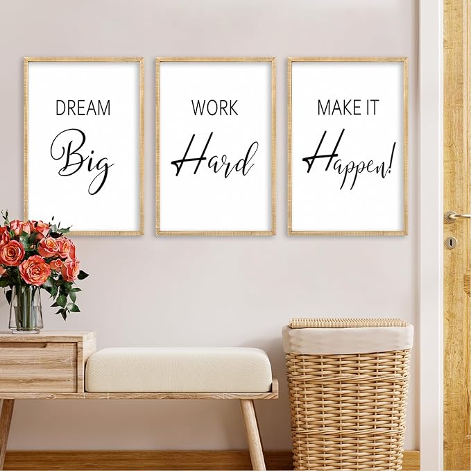Motivational Positive Sign Wall Decor 11x16 Inch Office Set Of 3 Wood Framed Large Inspirational Quotes Living Room Home Wall Art Dream Big Work Hard Make it Happen women Hanging (Wood)