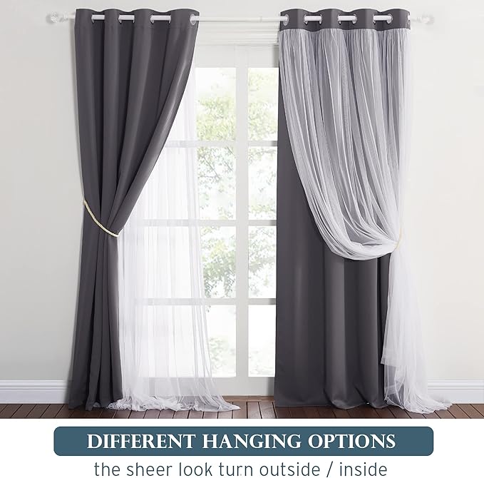 PONY DANCE Blackout Curtains 72 Inches Long - White Sheer Overlay Thermal Insulated Curtains for Living Room Sliding Glass Door, Cortina para Sala (W52 x L72 inch, Grey, One Pair Grommet Drapes)