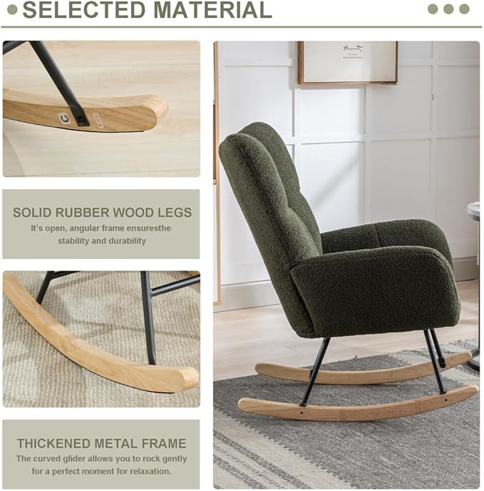 Nursery Rocking Chair Teddy Upholstered Glider Rocker Rocking Accent Chair with High Backrest Armchair Comfy Side Pocket Chair for Living Room, Bedroom, Offices (Dark Green)
