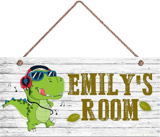 Personalized Wood Door Sign for Boys Nursery Bedroom, Custom Cartoon Dinosaur Wall Decor, Dino Wooden Hanging Wall Art