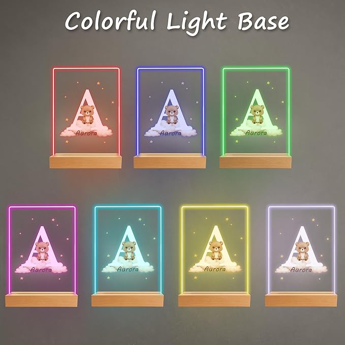 Personalized Baby Night Light with Wooden Base, Custom Name LED Lamp for Kids Room, Forest Animal Nursery Decor, Color-Changing Nightlight for Boys Girls, Unique Baby Shower Birthday Gift