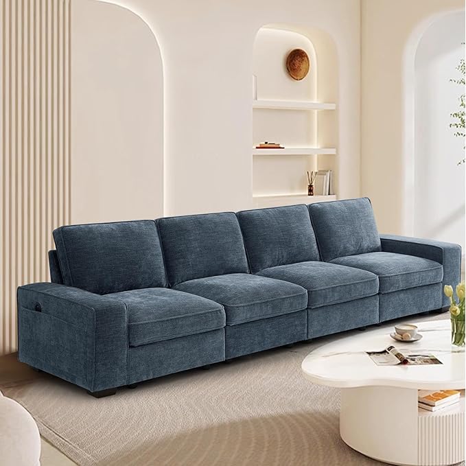 TEKAMON 128" Modular Sofa Couch with Seat Storage, Chenille Sofa, Modern Comfy 4-Seater Couch for Living Room, Office, Apart W/Deep Seat, Wide Armrest, USB Charging, Pockets, Removable Covers (Blue)