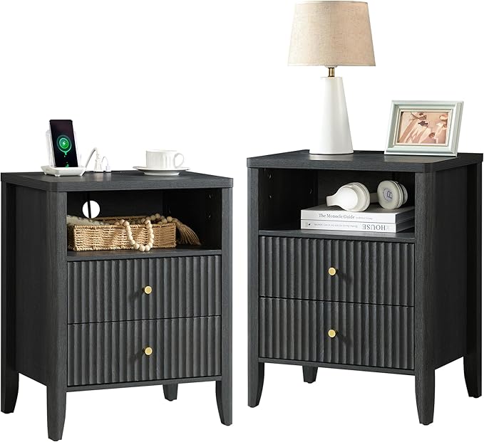 Fluted Nightstand with Charging Station Set of 2, 21" Wide Modern Bedside Table with 2 Drawers & Open Shelf, Wood End Table with Storage & Metal Handle for Bedroom, Small Spaces, Black
