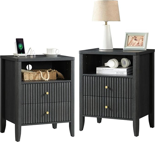Fluted Nightstand with Charging Station Set of 2, 21" Wide Modern Bedside Table with 2 Drawers & Open Shelf, Wood End Table with Storage & Metal Handle for Bedroom, Small Spaces, Black