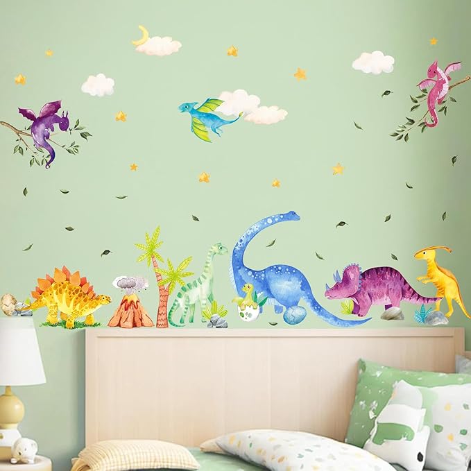 Watercolor Dinosaur Wall Decals, Cartoon Cute Dino Volcanic Wall Stickers, Peel and Stick Star Cloud Wallpaper for Baby Nursery Boys Bedroom Playroom Wall Decor