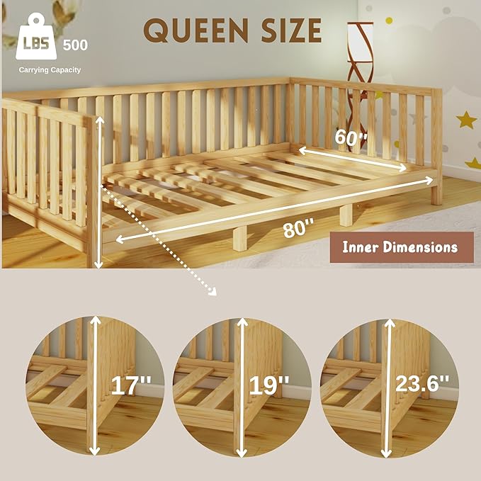 Montessori Floor Bed Designed with Open Front and Footed model for Girls and Boys | Pine Wood Natural Solid Frame Beds with Slats | Sturdy Designed Floor Bed Frame for Kids (Queen, Height : 23 Inches)