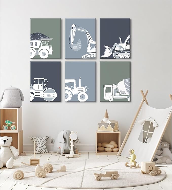 Construction Truck Wall Art Nursery Canvas Wall Decor Boys Room Wall Art Kids Car Posters Toddler Prints Nursery Artwork Excavator Tractor Pictures for Playroom Bedroom 8x10x6 Inch Framed