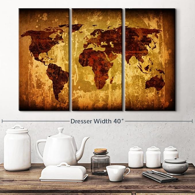 ElephantStock Vintage World Map Wall Art Multi Piece Canvas - 3 Piece Canvas World Map Wall Decor - Wall Decor - Ready-to-Hang Print - Vintage Wall Art - 33" X 20"
