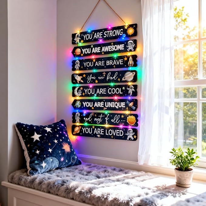 Cool Classic Space Astronaut Sign Nursery Wall Decor Set of 8, 16x5 Modern Motivational Cute Rocket Planets Plaque Wall Art for Baby Boy Kid Teen Toddlers, 4 PCS Wooden Gallery Quote Gift for Gameroom
